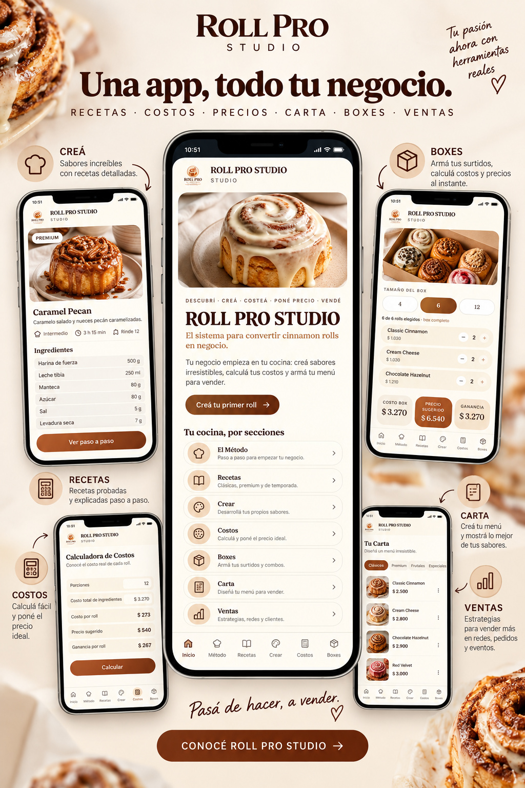 Vista previa de la app ROLL PRO STUDIO mostrando recetas, costos, carta, boxes y ventas
